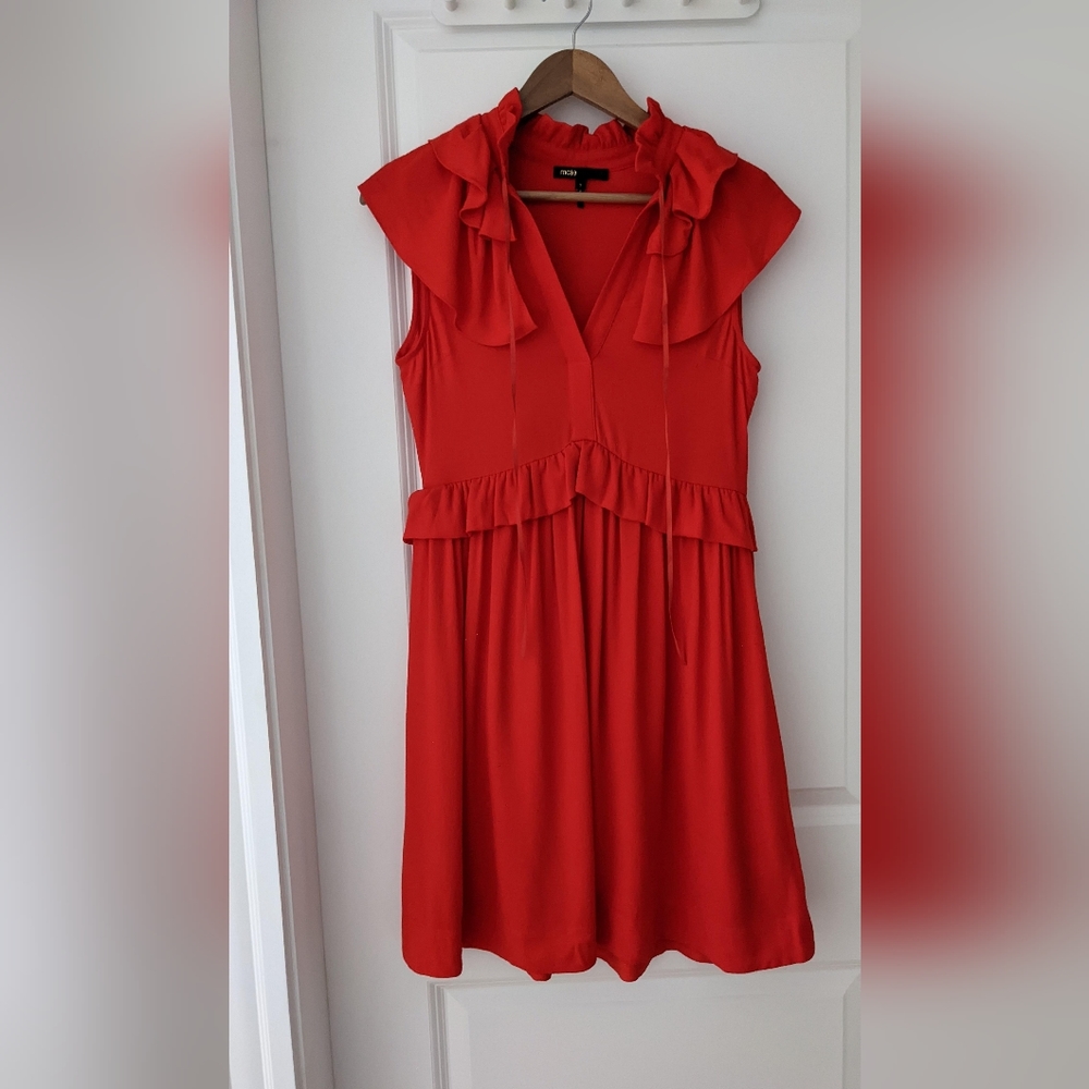 Maje Rutta Ruffled Crepe Mini Dress in Red S holiday - Picture 2 of 6